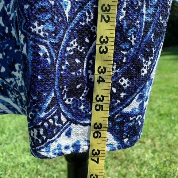 ADRIANNA PAPELL Blue Paisley print scoop neck cap sleeve cotton bodycon sheath - Picture 5 of 10